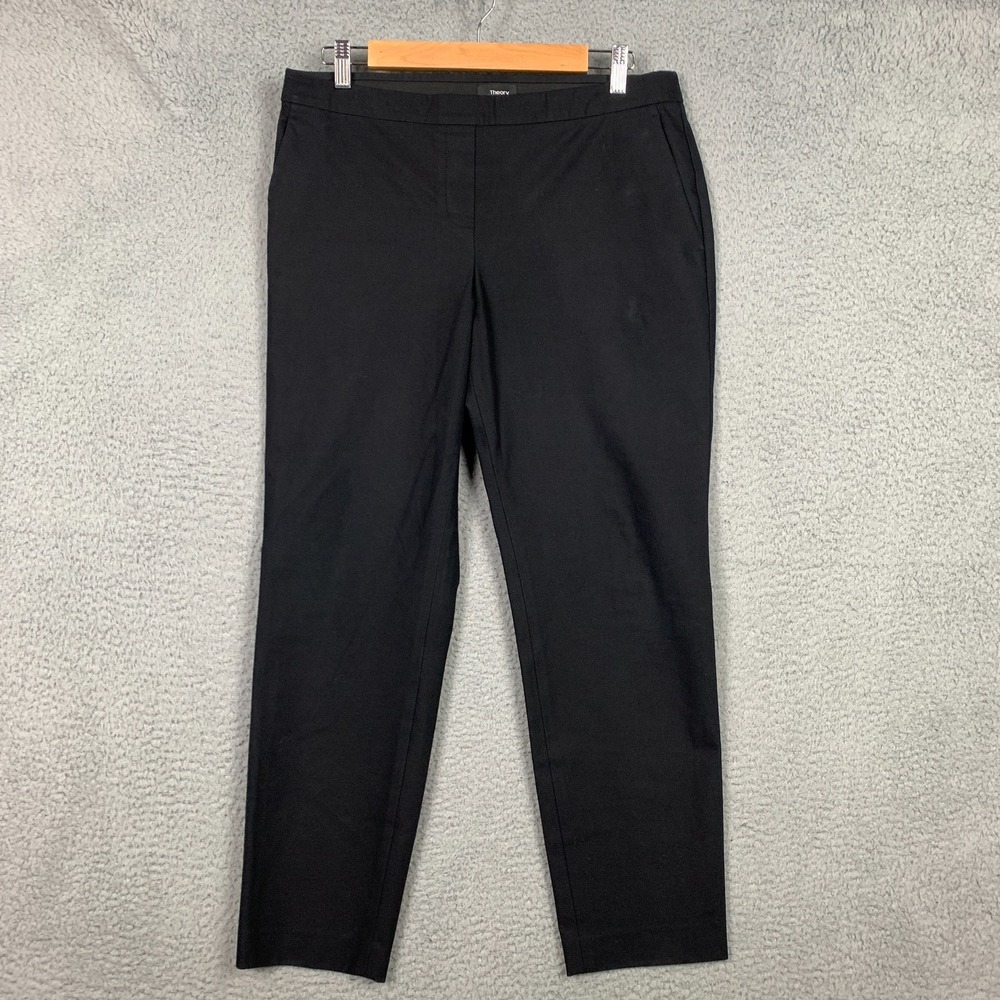 Theory Thaniel Approach Dress Pant Women's 10 Black Pull On Cropped Taper Slim‎